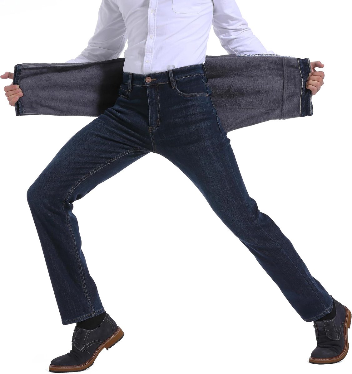 Jeansbroek voor Heren Thermo Spijkerbroek met Fleece Gevoerde Dikke Broek Winterjeans