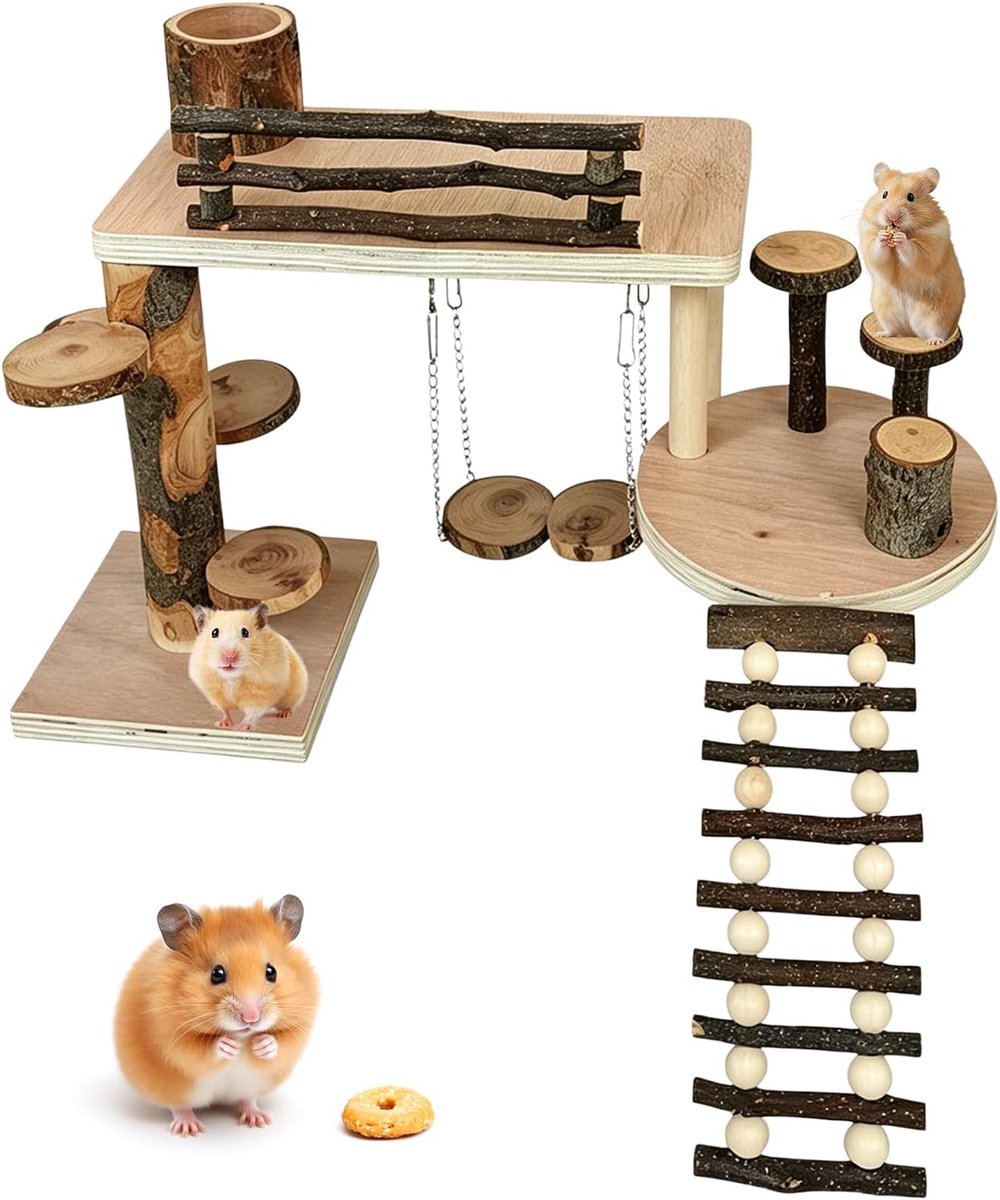 Klimladder van hout voor hamsters, houten platform voor hamsters, klimplatform voor hamsters, speelgoed van hout voor hamsters met platforms, hellingen, ladder voor kleine anima
