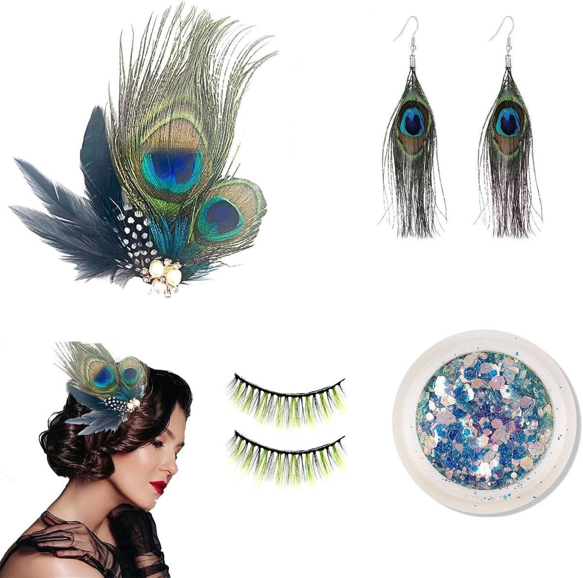dames pauwenkostuum set – 4-delig – blauwe veren hoofdtooi – glitter – retro party verkleedset