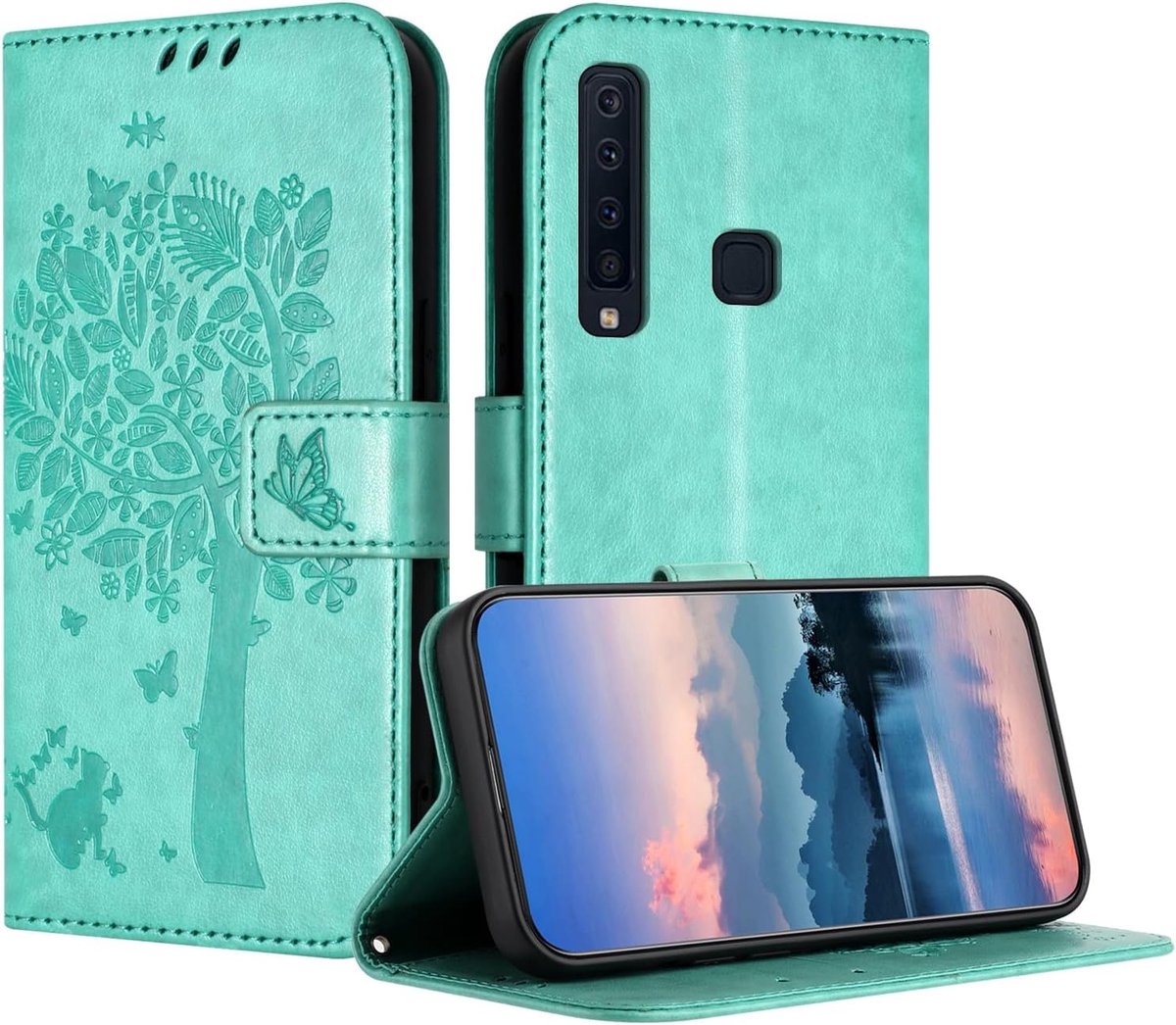 Hoes voor Samsung Galaxy A9 2018, PU-leren portemonneehoes met reliëf met kaartenvak en magneetsluiting standfunctie hoesje compatibel met Samsung A9 2018 - Lichtgroen