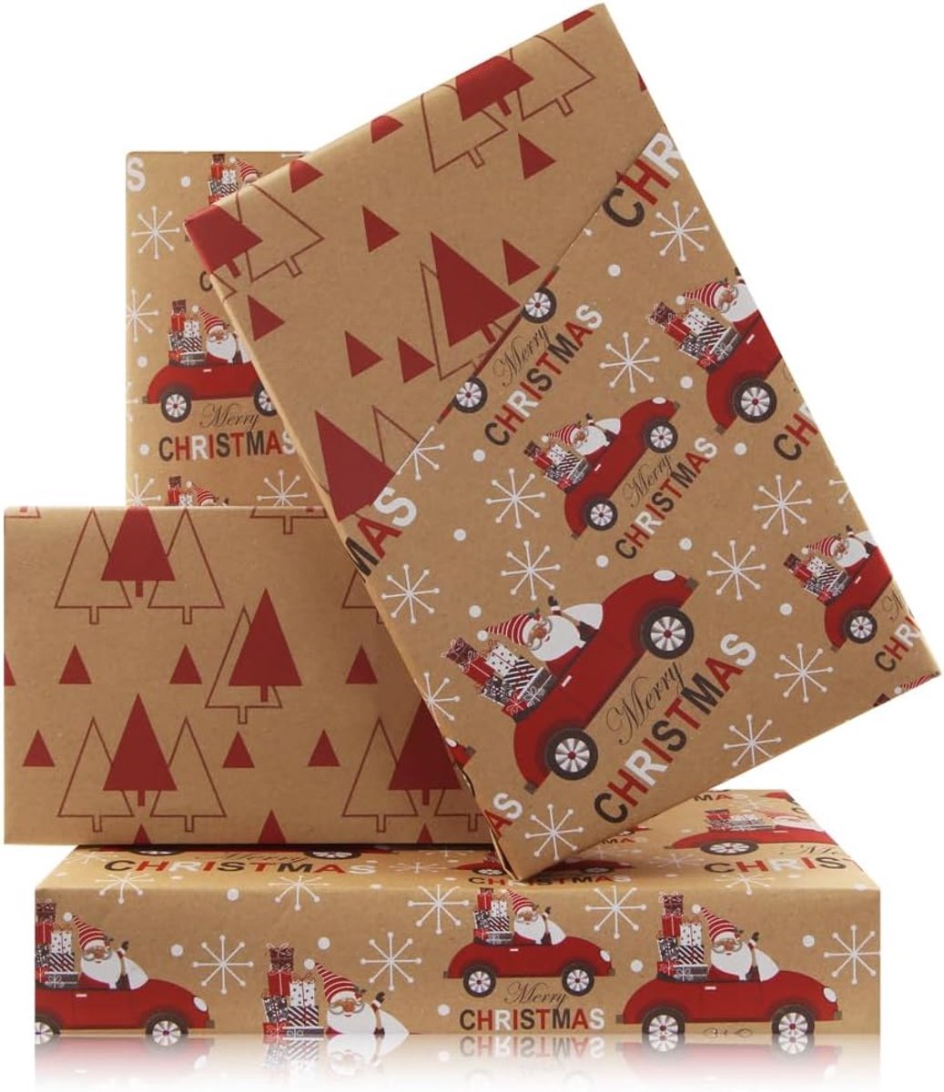Cadeaupapierrol, kerstrood vrachtwagenauto en boom cadeau dubbelzijdig omkeerbaar inpakpapier - 1 minirol 43x300 cm per rol - voor vakantie Kerstmis verjaardag wintersolstitium