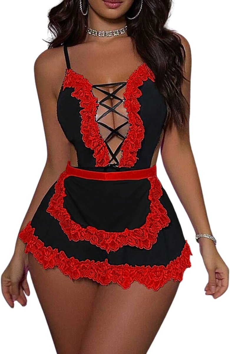 lingerie voor dames, cosplay, jurk voor Halloween, uniform, V-hals, kant, Valentijnsdag, huwelijksreis, huwelijksnacht, rollenspel, wit + zwart, rood + zwart