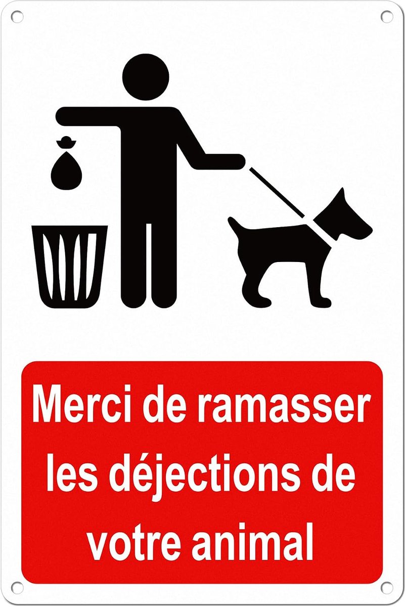 Je Ramasse Les Crottes – bord hond poep 30 x 20 cm "Merci de Ramasser Les Exections" – bord schoon met hondenpictogram, robuust bord voor buiten, 30 x 20 cm