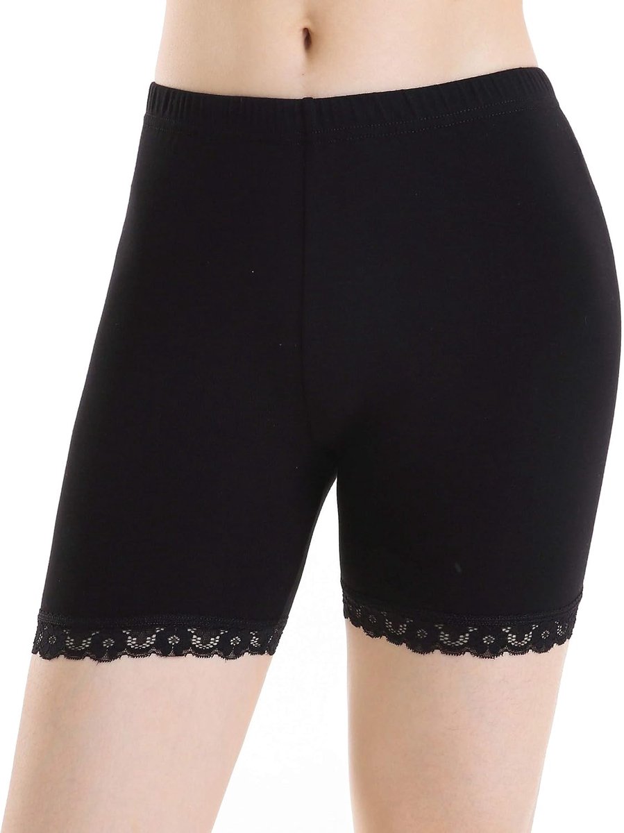 Story Dunne shorts voor dames, met kanten rand, Under Keid leggings, fitness korte sportbroek, Zwart kant, 3XL