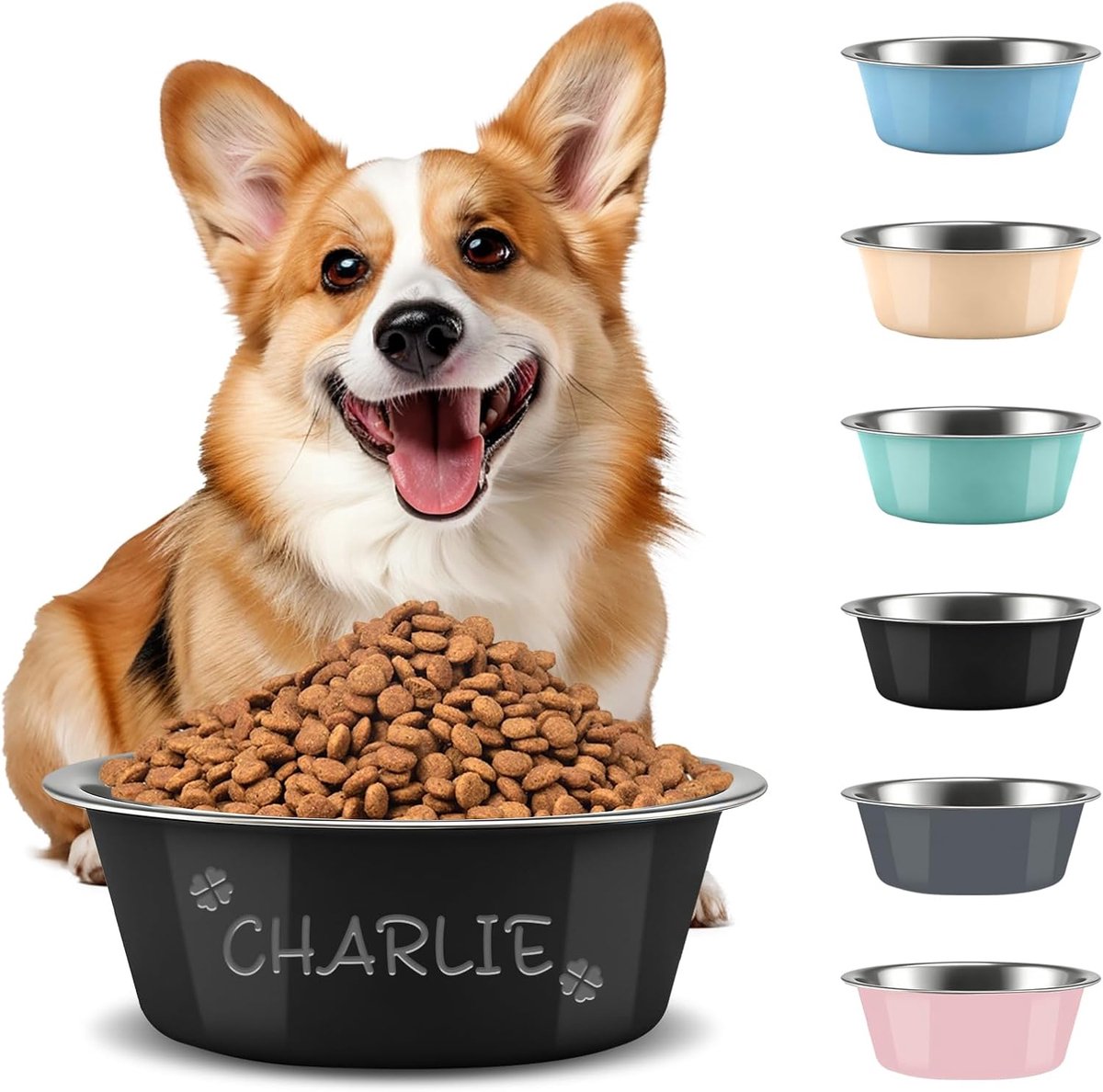Personalisierter Hundenapf, Lasergravur Name/Logo Edelstahl rutschfest für Hunde Katzen, 3 Größen 6 Farben (Schwarz)