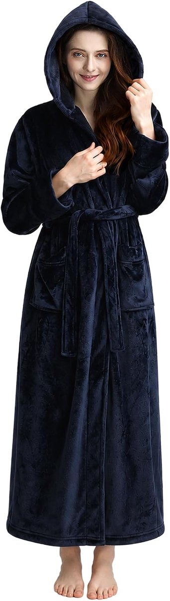 Lange Hooded Robe Voor Vrouwen Luxe Flanel Fleece Volledige Lengte Badjas Winter Warme Pyjama Douche Nachtjapon, Marineblauw, L