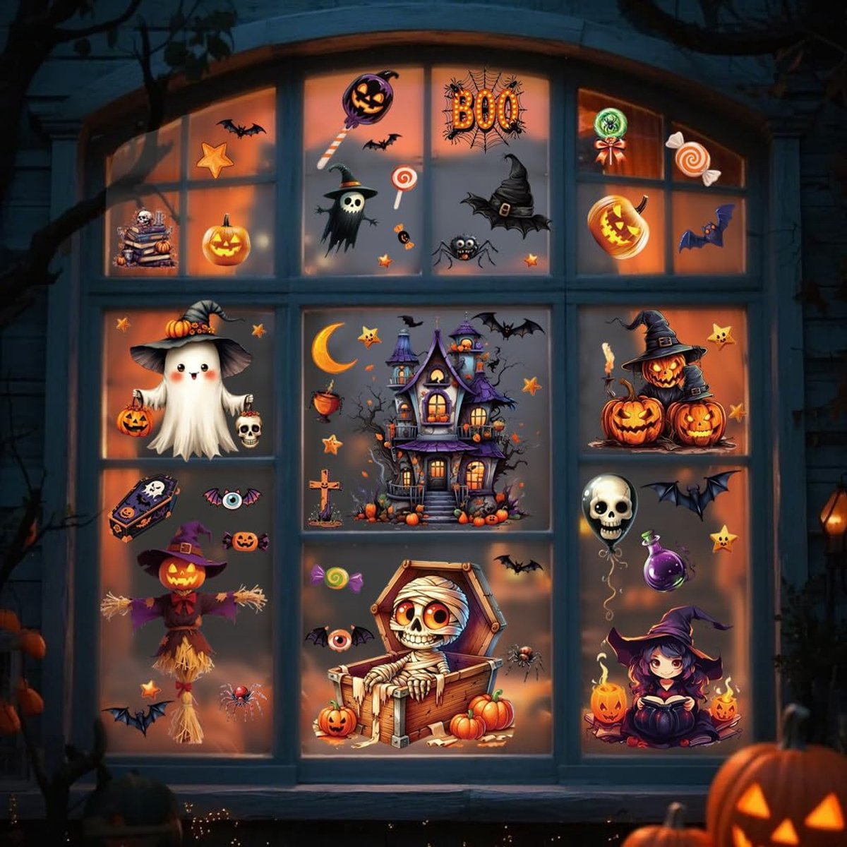 82 stuks Halloween raamklampen, 10 vellen Halloween-decoraties, schattige heksenboom, zombie spookpatronen, PVC-raamstickers voor traktatie of truc, feestartikelen, stickerbenodigdheden