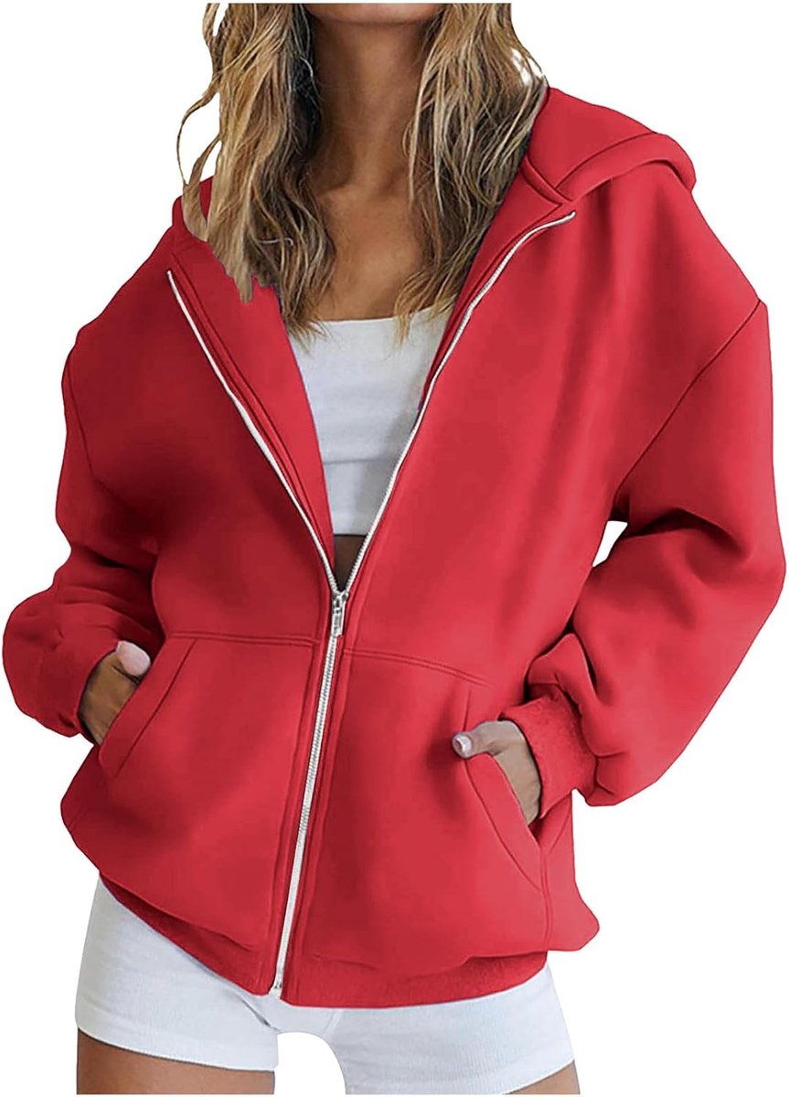 Generisch Hoodie Damen Reißverschluss,Damen Sweatjacke Mit Kapuze Und Taschen Trendiges Loose Fit Kapuzenpullover Herbst Winter Bequem Weich Sweatshirt Streetwear Oberteile Sport Jacke