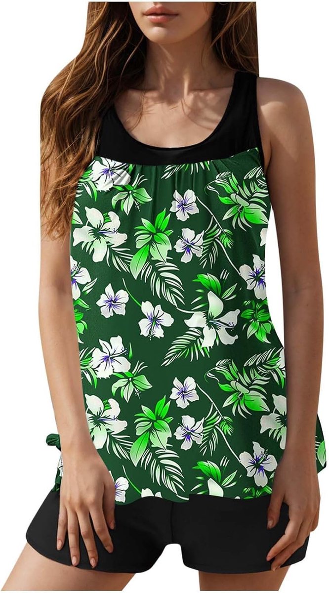 Generisch Tankini Damen Set, Zweiteiliger Badeanzug Bauchweg Bademode Damen, Push up Oberteil und High Waist Badeshorts, Elegantem U-Ausschnitt Schwimmanzug für den Strandurlaub und den Pool