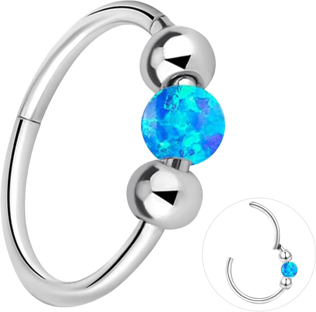 Titanium-neusring, septum, piercingsieraden, helix, kraakbeen, conch, scharnierende segmentringen, tragus, lip, 18g 16g dikte, hypoallergeen 8 mm/10 mm, wit, blauw, roze, opaal, voor