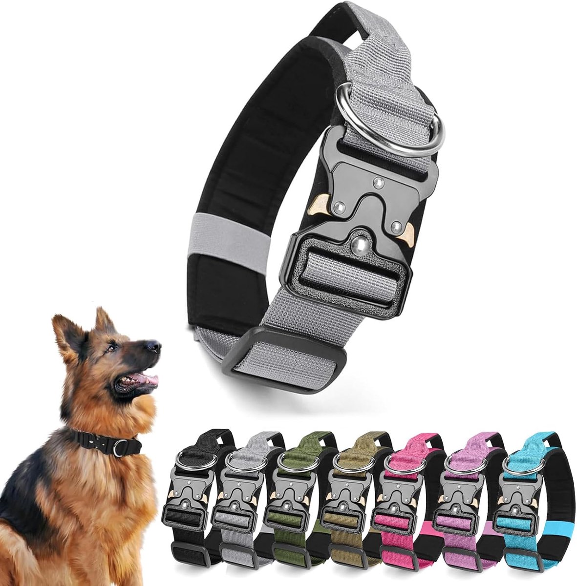 Hondenhalsband met handvat, verstelbare hondenhalsband van polypropyleen met metalen gesp, middelgroot, gewatteerd, zacht, tactische hondenhalsband (zilver, M)
