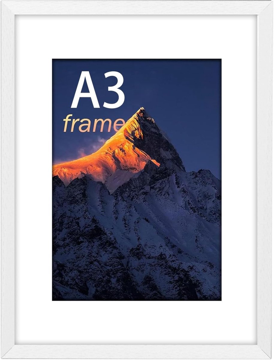 wyewye A3 fotolijst wit, 29,7 x 42 cm met plexiglas, DIN A3 fotolijst voor A3/A4-print, met witte passe-partout, wandmontage mogelijk