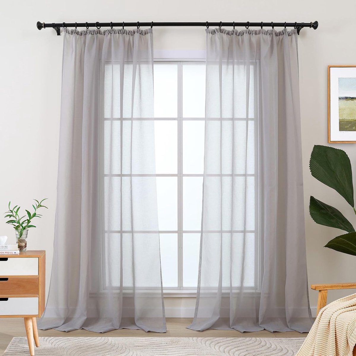 Gordijnen Grijs voor Woonkamer, Gordijnen Lichtgrijs met Rimpelband voor Railssysteem, Transparant Rails Gordijn voor Slaapkamer, Set van 2 Gordijnen met Linnenlook Modern 225 cm Lang