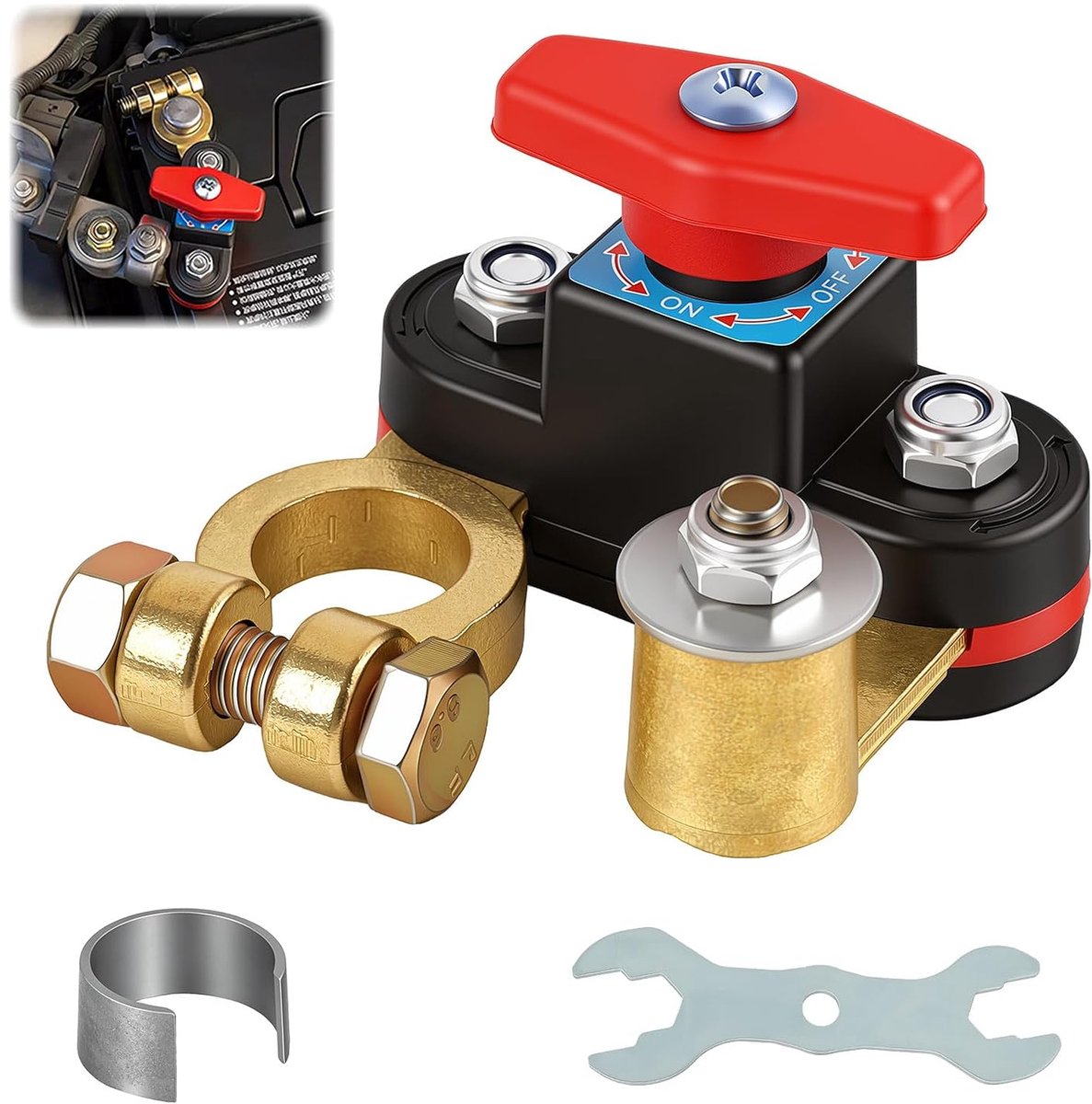 Accu-stroomonderbreker, 12 V-24 V, zuiver koper, batterijschakelaar met verstelbare klemmen, veilige ontkoppelingsschakelaar voor auto, motorfiets, camper, boot, vrachtwagen, tractor