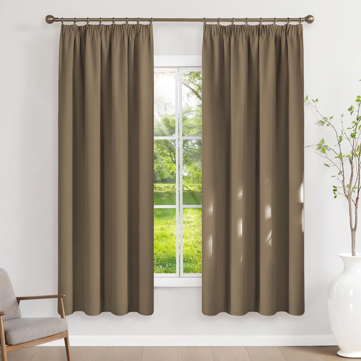 Gordijnen met plooiband, thermische gordijnen, koudebescherming, gordijnen, ondoorzichtig, 175 x 140 cm (h x b), cappuccino, set van 2 verduisteringsgordijnen voor railsysteem, schuifgordijnen