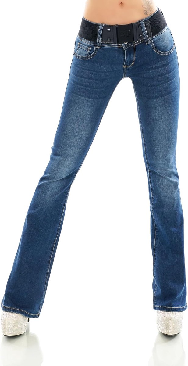 Jeans voor dames, uitlopende broek, denim, stretch, riem, XS-XXL