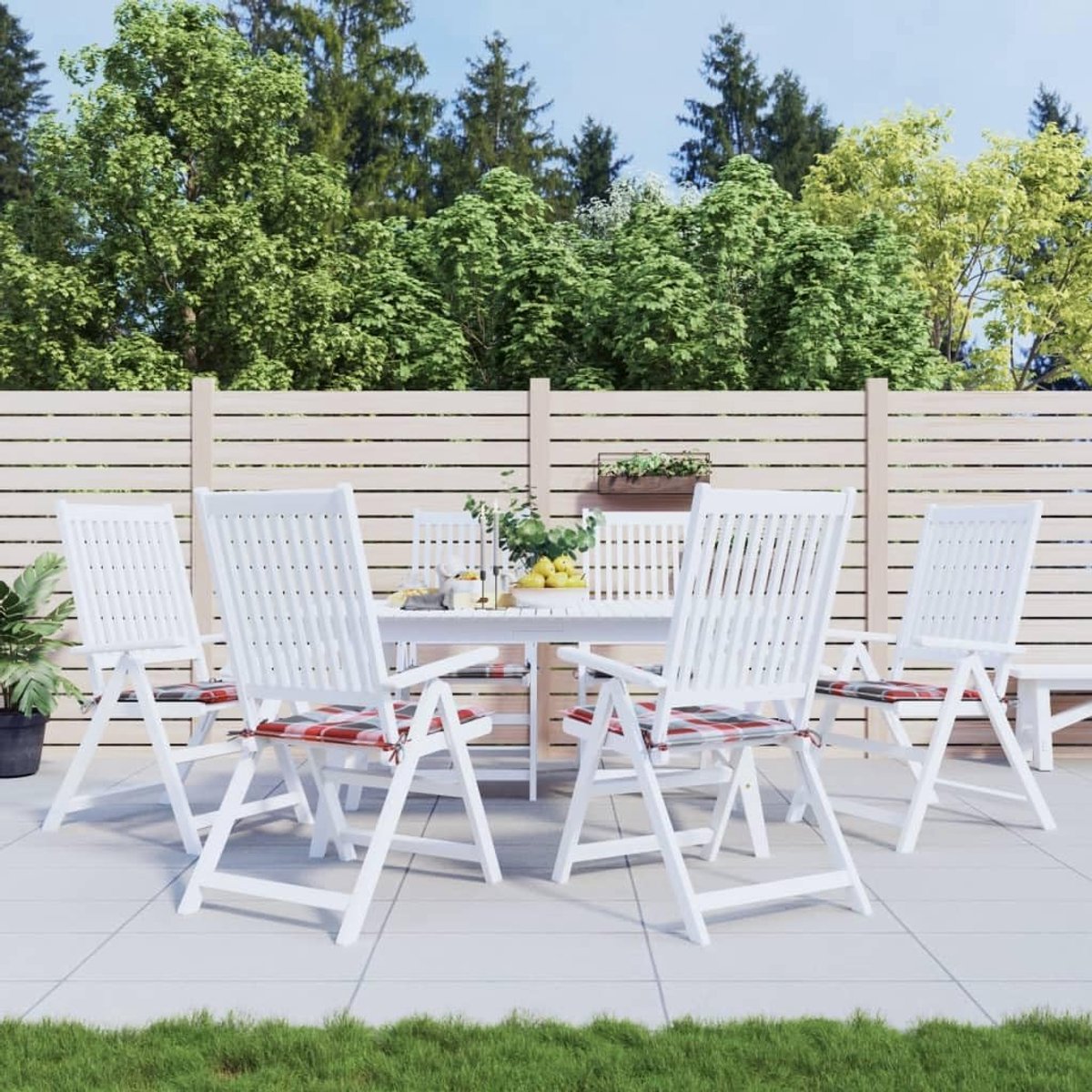 6 stuks stoelkussens, rood geruit patroon, 40 x 40 x 4 cm, van Oxford-weefsel, waterafstotend zitkussen voor tuinmeubelen, met antislip koorden