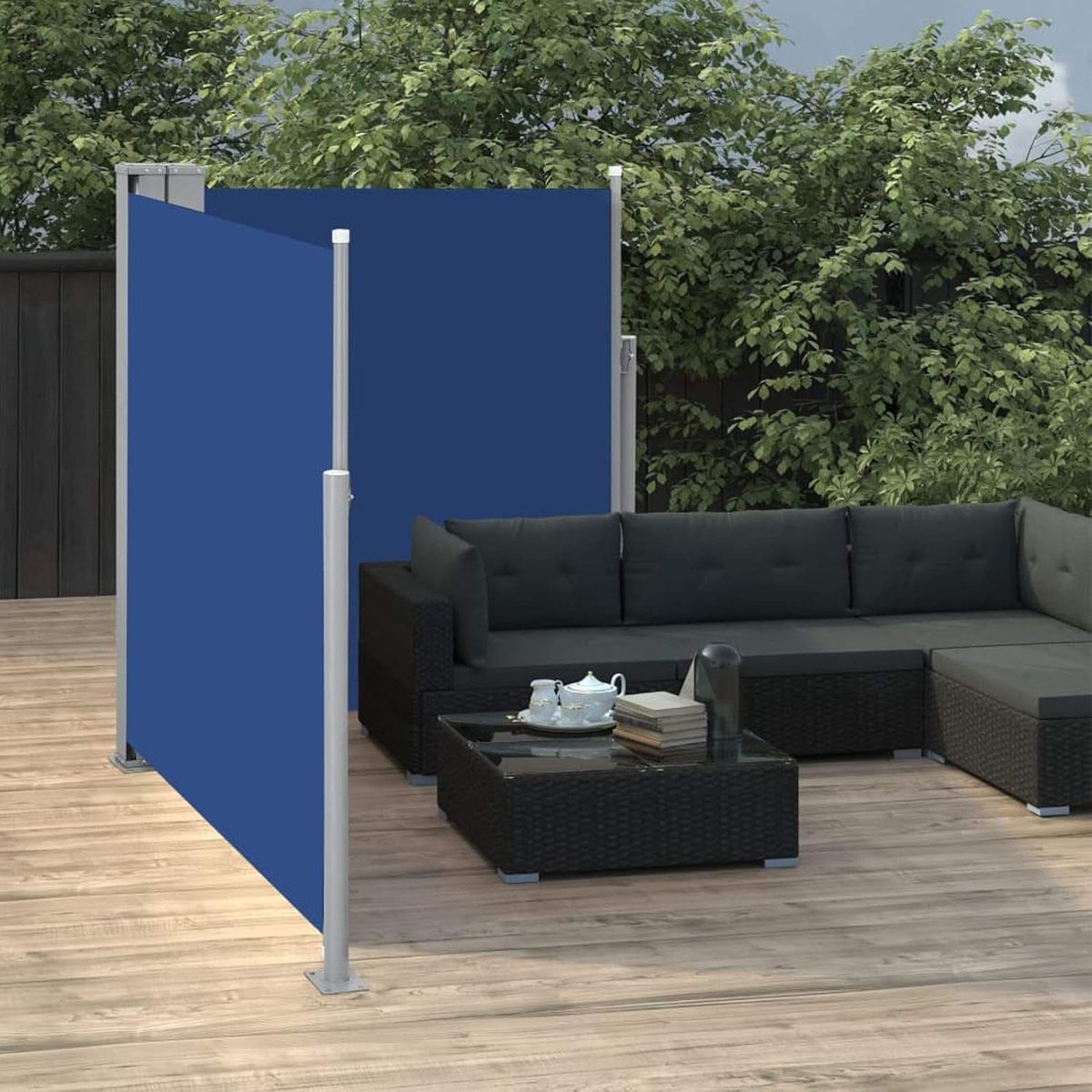 Uitschuifbare zijmarkies, tuinmarkies, inkijkbescherming, outdoor, inkijkbescherming, windscherm, zijrolgordijn, markies, balkon, tuin, terras, blauw, 160 x 600 cm