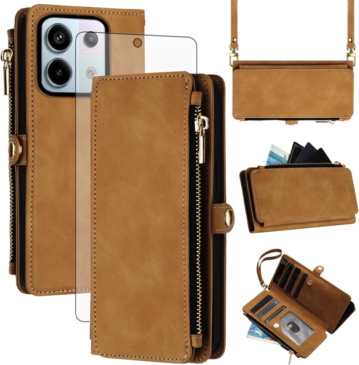 Hoes voor mobiele telefoon voor Xiaomi Redmi Note 13 Pro 5G/Poco X6, hoes met band en folie, beschermfolie, RFID-kaartenvak, inklapbaar, lederen bloemen, portemonnee, standaard, 13Pro Pro5G,