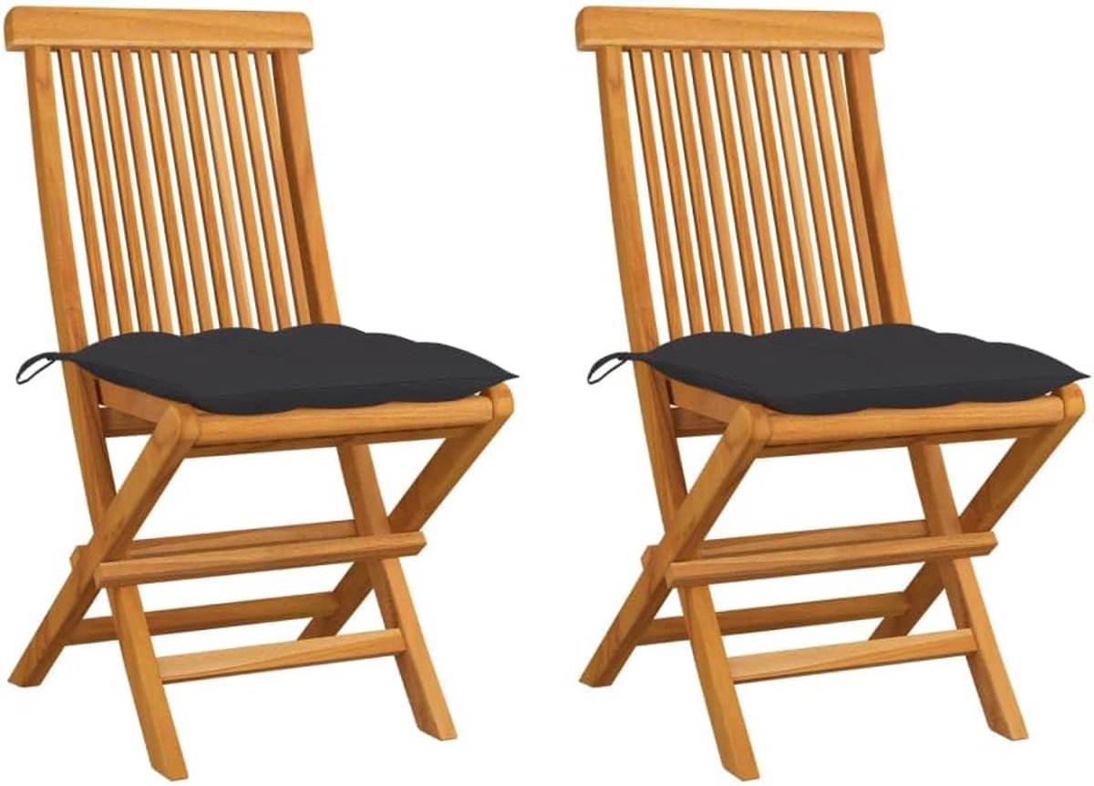 Tuinstoelen van massief teakhout met antraciet kussen, 2 stuks, opvouwbare houten stoelen met gevoerde zitkussens voor terras en balkon, weerbestendige zitmeubels