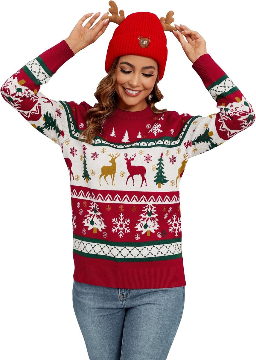 Kersttrui, voor dames, heren en kinderen, grappige kersttrui, lelijke kersttrui, met ronde hals, gebreid, met rendieren, uniseks, familieset