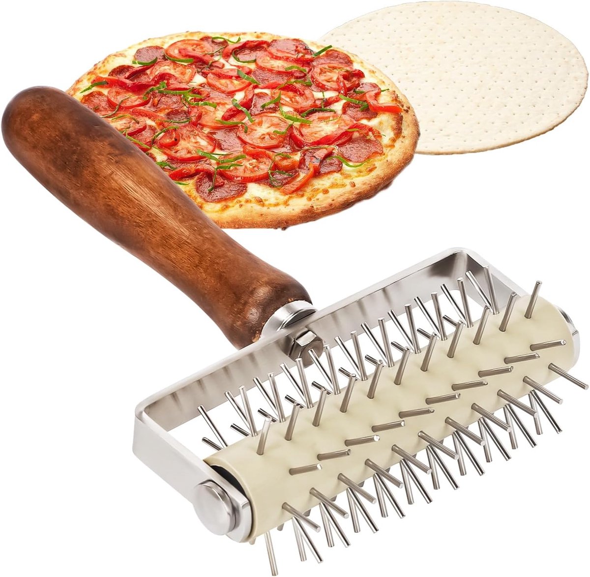 Koekjesroller, 20,5 x 13,3 cm, roestvrij staal, pizza deegdocker roller, roller met spike, pizza puncher voor cake, brood, gebak, bakgereedschap