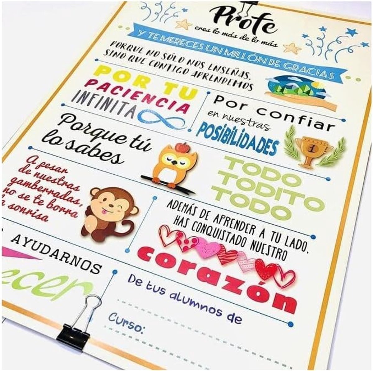 Lamina cadeau Profe Eres lo mas poster bedankkaart voor handtekeningen van scholieren
