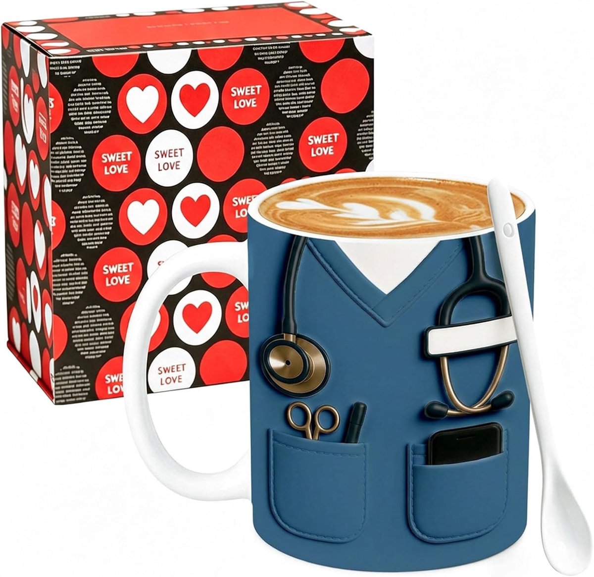 Grappige mok - 350 ml blauwe keramische koffiemok met verpleegsteruniform patroon, cadeau voor arts, arts, verpleegster, ziekenhuis, artsenhelper, creatief cadeau