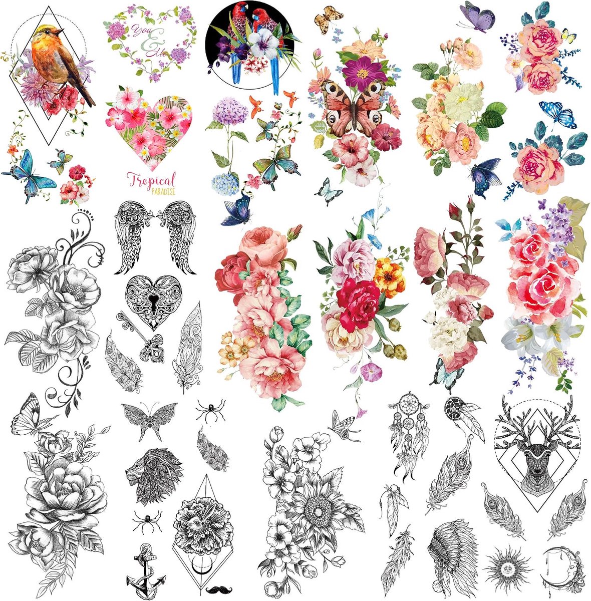 Tijdelijke tatoeages voor vrouwen volwassenen, vogel veer vlinder woorden sexy nep tatoeages voor meisjes