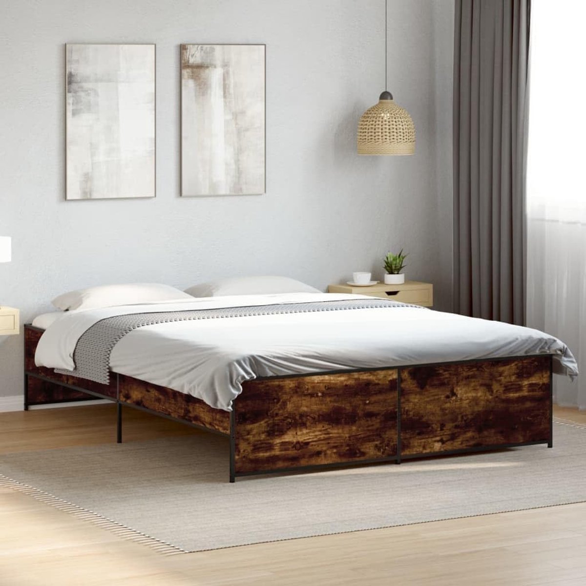 Hout metaal bedframe met lattenbodem gerookt eiken 160x200 cm