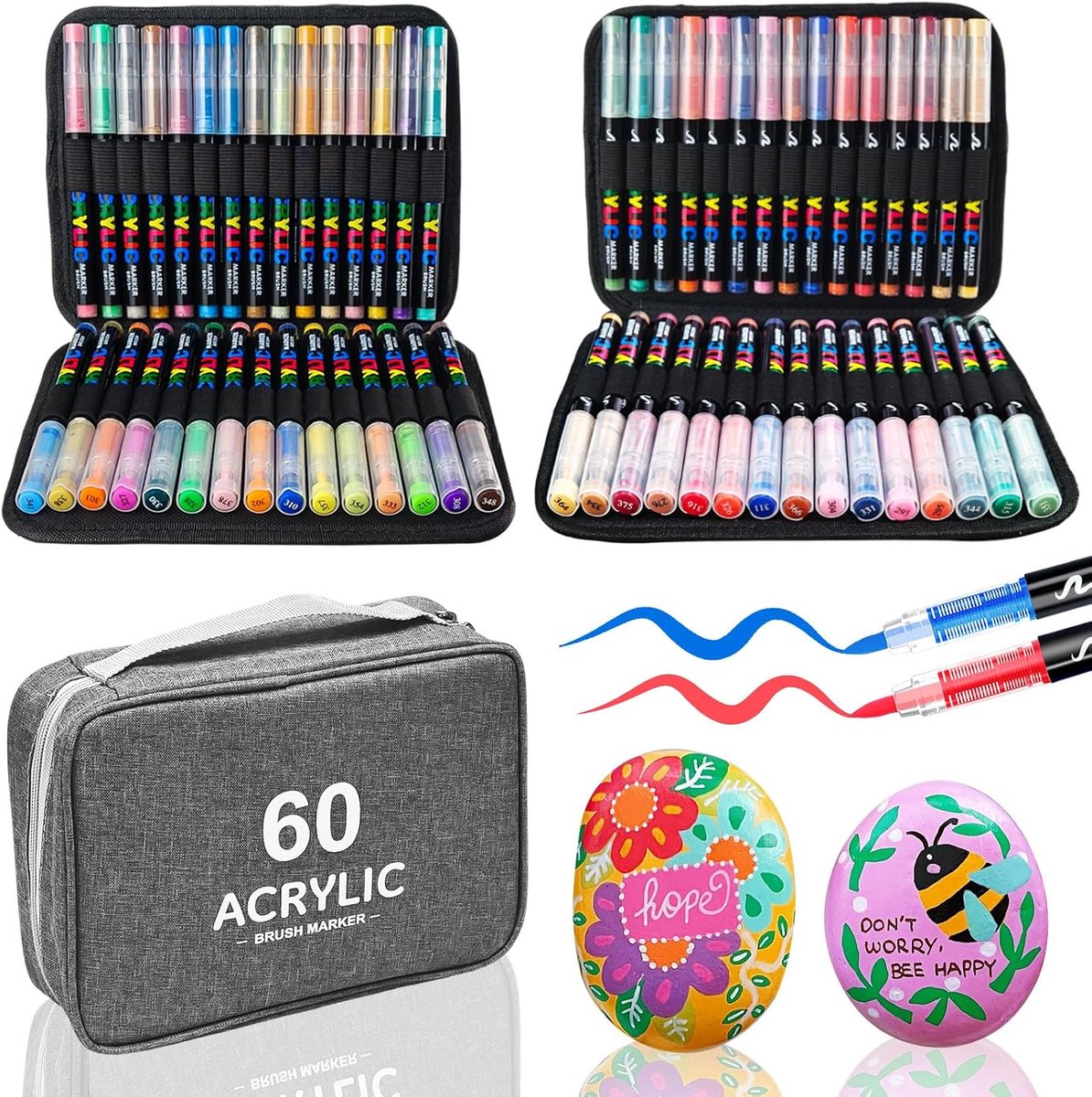 Acrylstiften voor stenen, waterbestendig, 60 acrylmarkers, set viltstiften voor het beschilderen van stenen, glas, hout, keramiek, stof, metaal, canvas, keramiek, pompoen (60 kleuren)