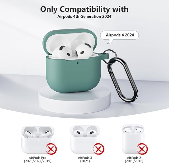 Hoesje compatibel met AirPods 4e generatie hoes met reinigingsset, schokbestendig, valbescherming, krasbestendig siliconen hoesje voor AirPods 4 2024 met sleutelhanger, dennengroen — afbeelding 2