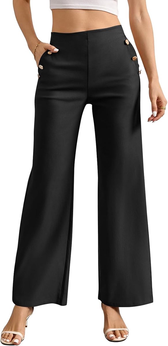 Damesbroek met brede pijpen, hoge taille, brede pijpen, elegante broek met zakken, paperbag broek, plooibroek, effen, voor zaken, vrije tijd