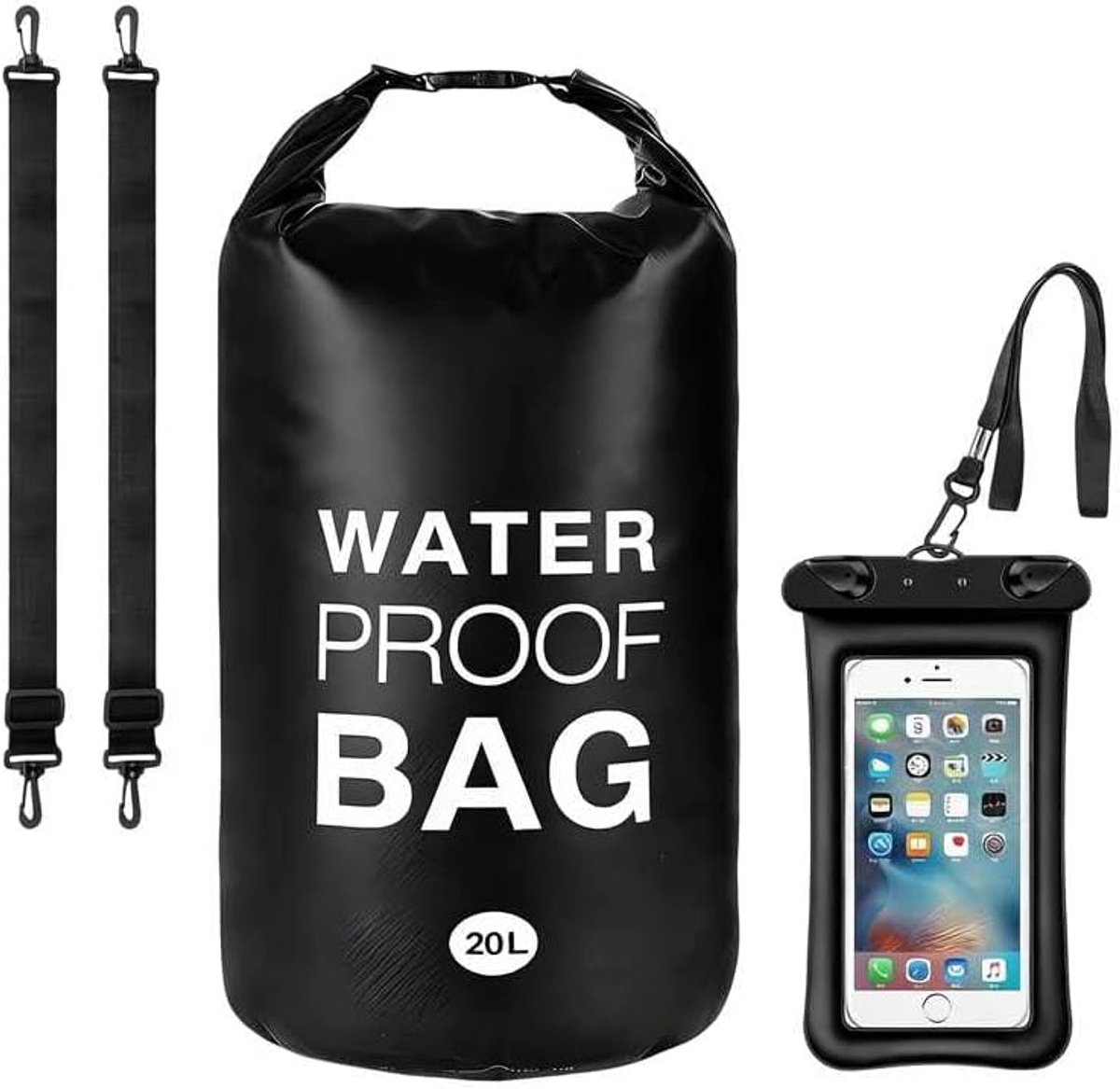 Rugzak, 20 liter, waterdichte tas, pvc, waterdichte zak, met waterdichte mobiele telefoontas, voor watersport, zwemmen, boottochten