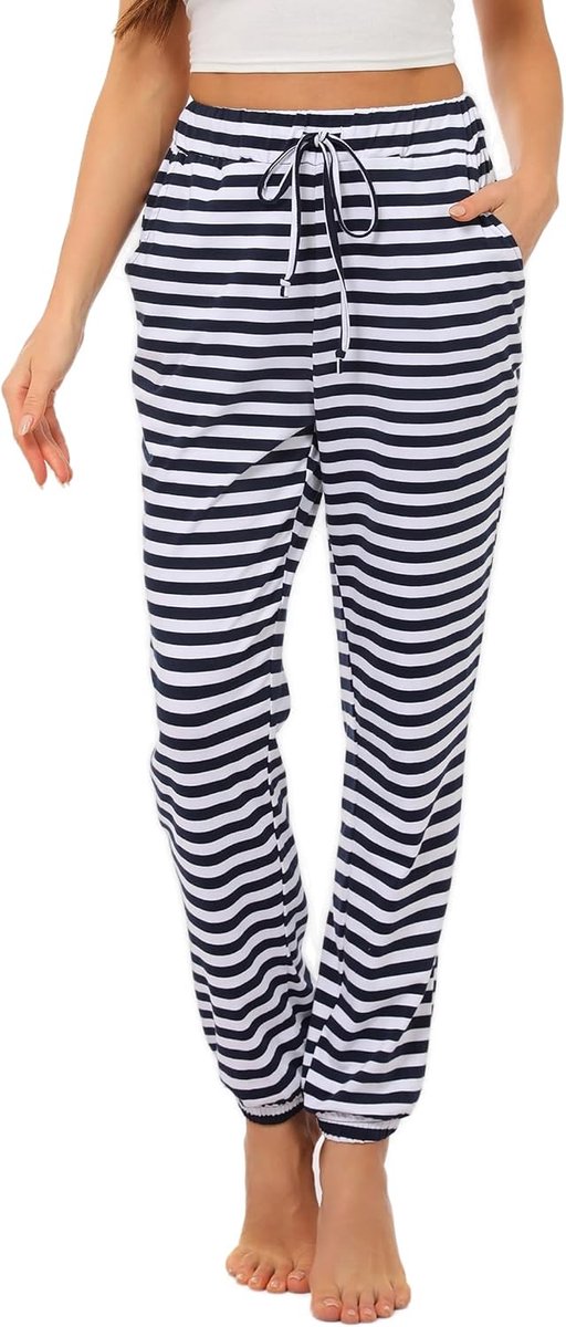 Pyjamabroek voor dames, katoenen pyjamabroek, lange joggingbroek, sportbroek, sweatpants, vrijetijdsbroek, huispak, nachtkleding, Donkerblauwe strepen, S