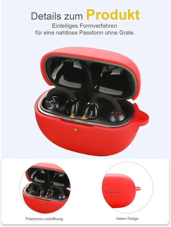 Voor EarFun Clip Wireless Headphones, daunke zachte siliconen beschermhoes, huidvriendelijke etui met karabijnhaak, volledige bescherming, rood — afbeelding 2
