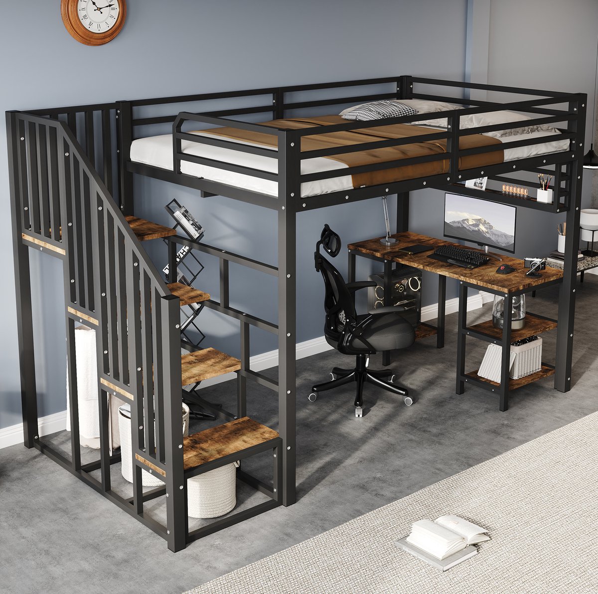WUVRIE Hoogslaper 120x200 cm met bureau, trap met leuningen en opbergrek, zwart/donker walnoot