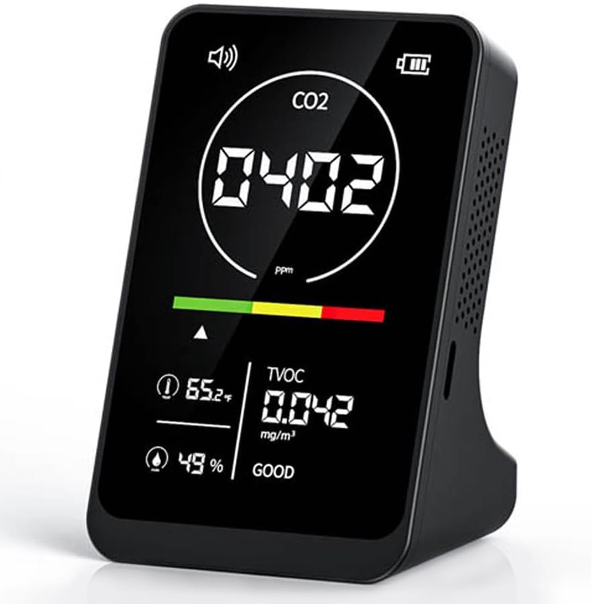 Meter, luchtkwaliteitstester met 2500 mAh accu, kooldioxidesensor, meting PPM, CO2-display, binnenventilatieaanbeveling, alarm, TVOC, temperatuurthermometer, luchtvochtigheid
