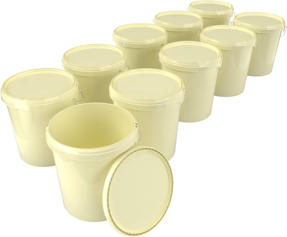 Emmer met deksel, 16 liter, luchtdicht en stabiel, geschikt voor levensmiddelen, leeg met handvat, deksel, geschikt voor levensmiddelen, chemicaliën, muurverf, waspoeder, lijm, 10 stuks, crème, 10
