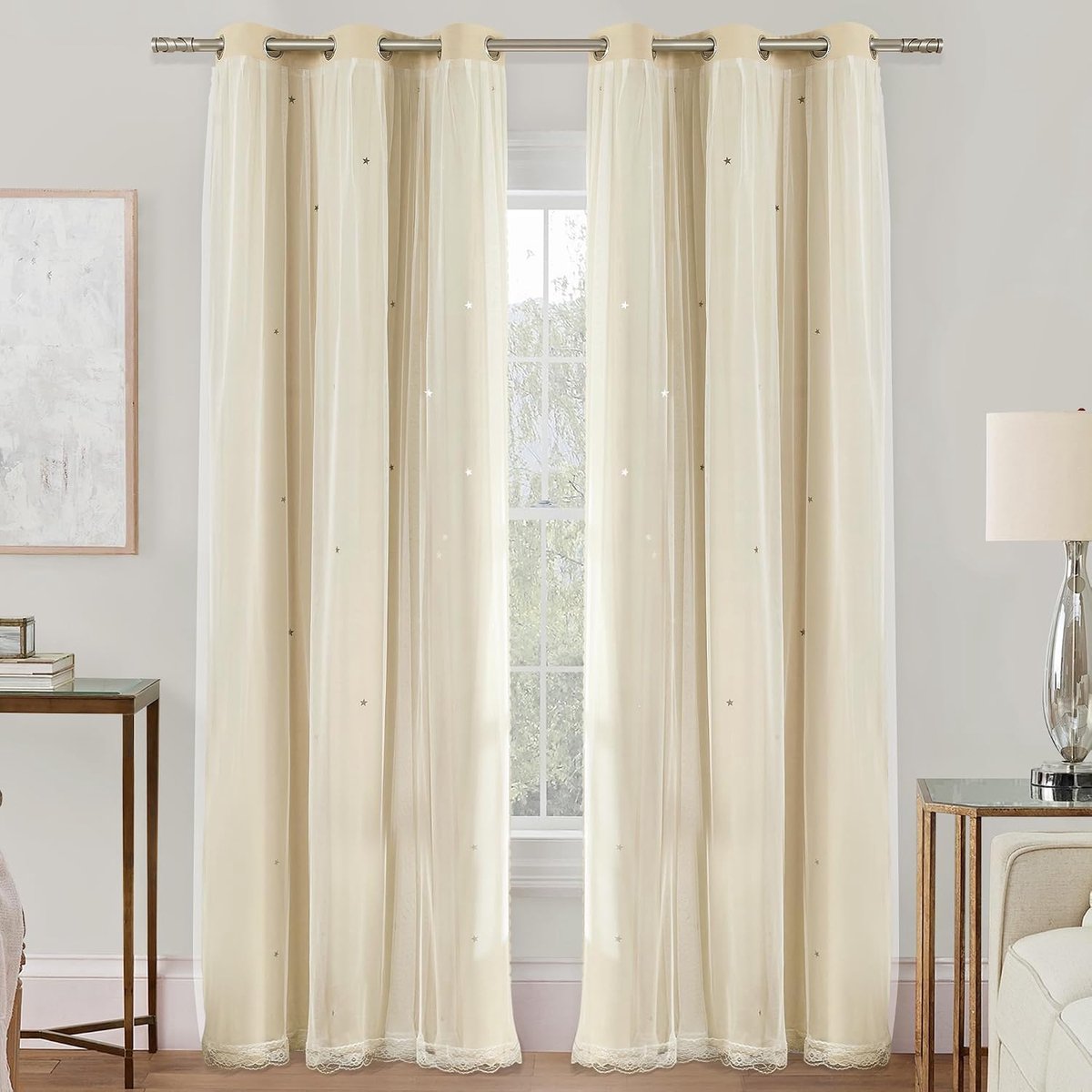 Verduisteringsgordijn voor slaapkamer dubbellaags 86 x 214 cm van polyester met voile sterrendesign schuifdeur meerkleurig beige 86/213