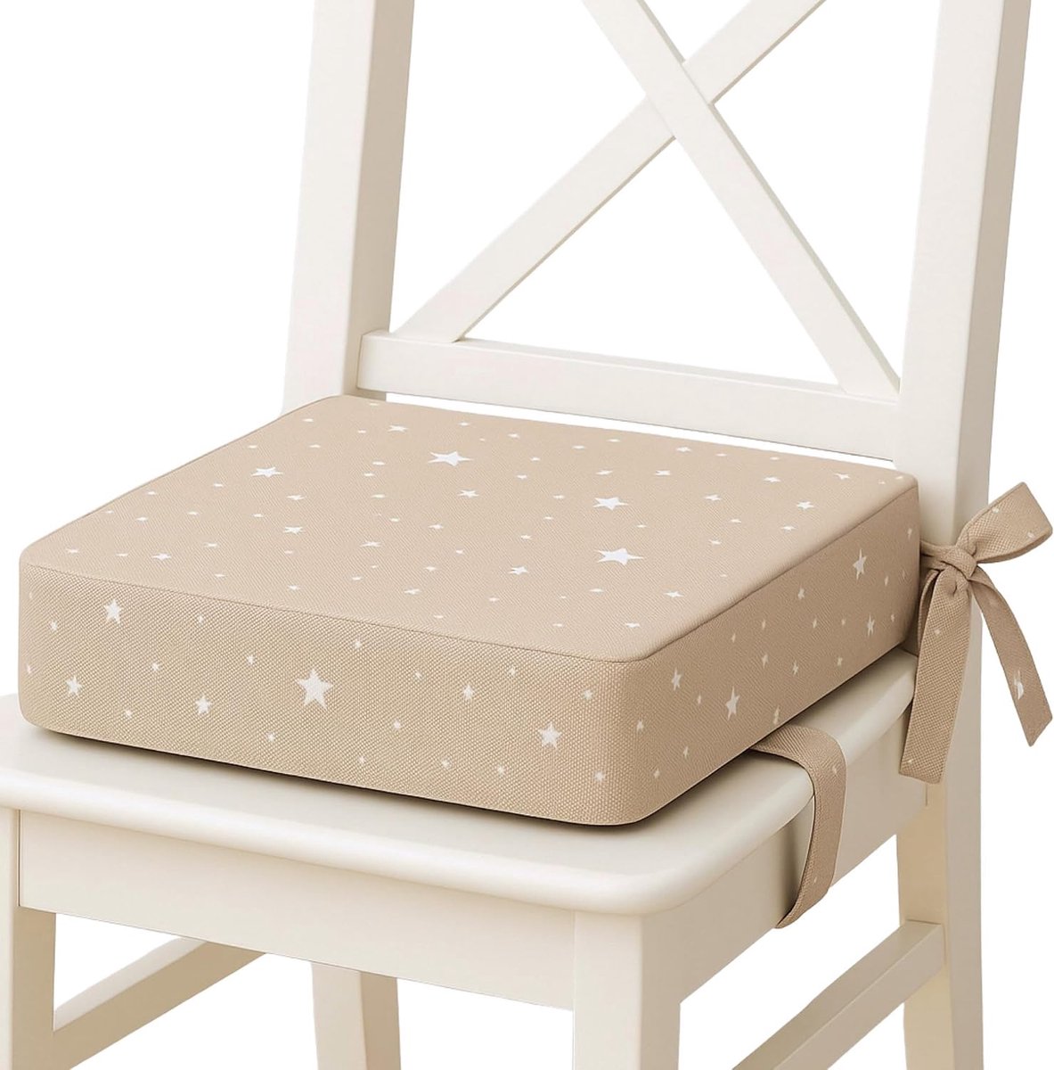 Kind 32x32x8 cm voor aan Tafel – Stoelverhoger met Verstelbare Riempjes en Antislip Onderkant – Afneembare Hoes wasbaar op 30 graden stevig schuim Beige met witte sterren