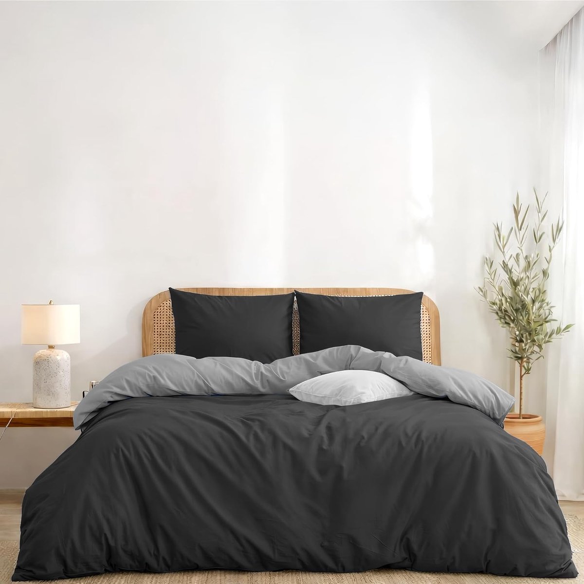 Omkeerbaar Dekbedovertrek 240 x 260 cm, met 2 Kussenslopen 50 x 80 cm, Donkergrijs/Lichtgrijs - 240 x 260 cm Microvezel Beddengoedset - Oeko-Tex