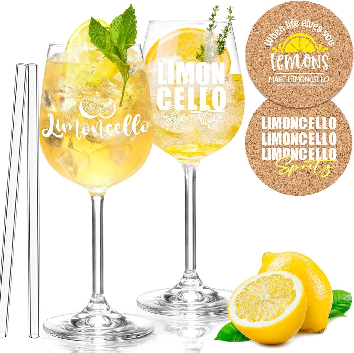 Set van 2 glazen cadeauset - premium Limoncello aperitiefglas glazen rietjes kurken onderzetters, ideaal voor aperitieffans