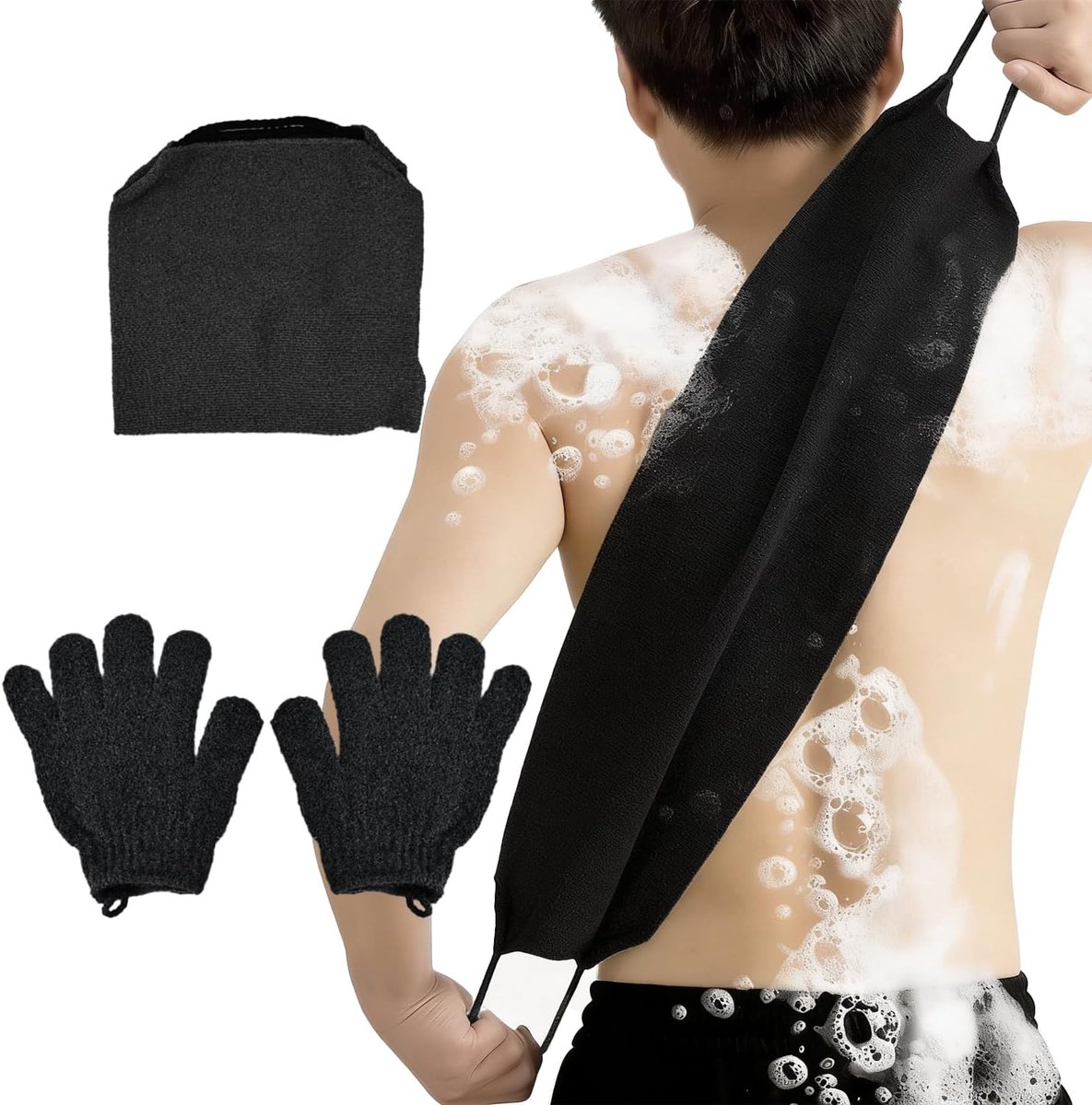 Set van 3 lichaams-exfoliatiehandschoenen, rug-exfoliator met 2 douchehandschoenen, huidverzachter voor bad en douche (Zwart)