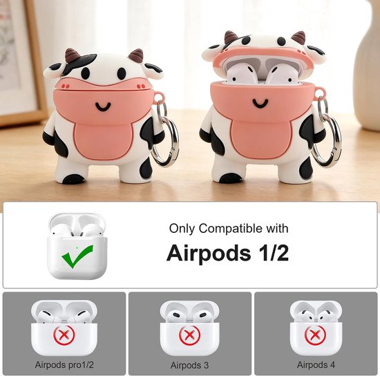 Hoesje voor AirPods, AirPods 2 koeienhoes, siliconen, cartoon, AirPods 1e/2e generatie, oplaadhoesje, kawaii, 3D, koe, AirPods 2, grappig dier, zachte beschermhoes met karabijnhaak — afbeelding 2