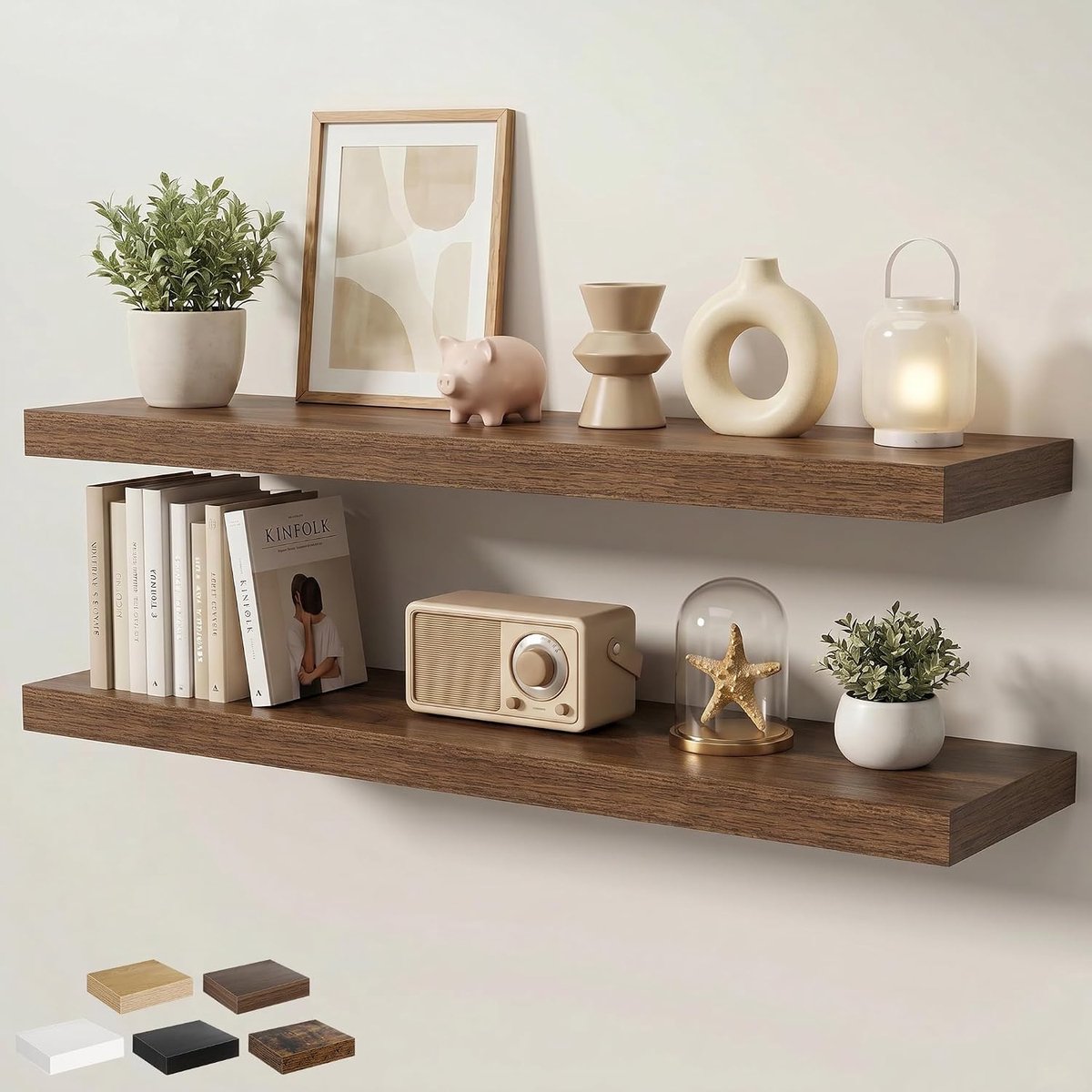 Zwevende planken, 120 cm x 23,5 cm x 3,8 cm, wandrek met onzichtbare beugels, voor keuken, badkamer, woonkamer en slaapkamer, walnootlook
