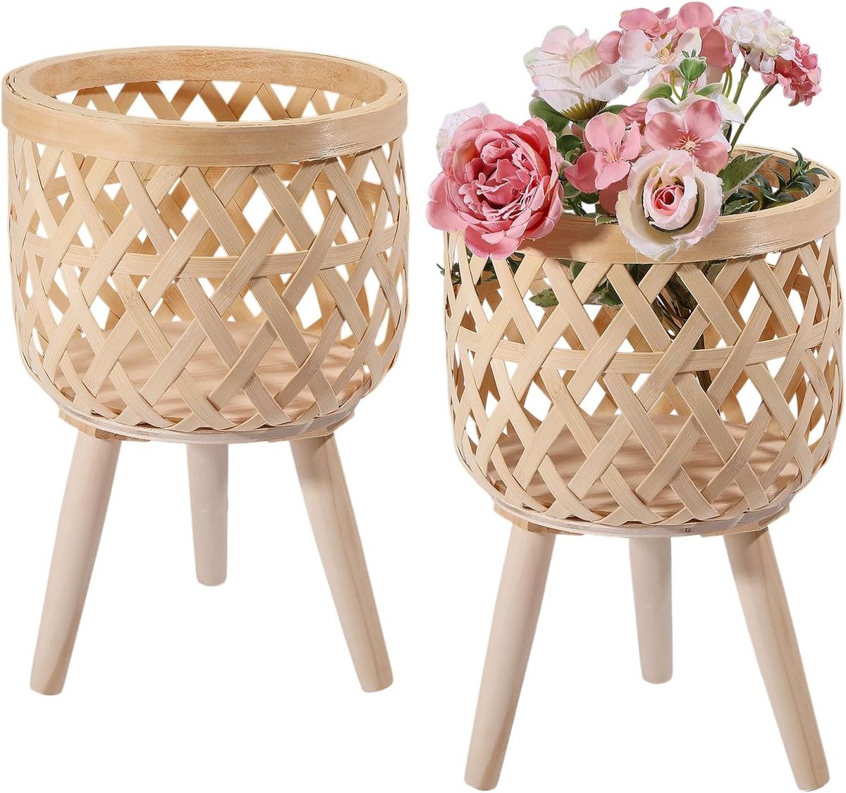 Set van 2 plantenstandaard van bamboe, handgevlochten, crèmewit, 3-potige basis, 20,8 cm diameter x 32 cm hoogte, zonder gereedschap monteerbaar