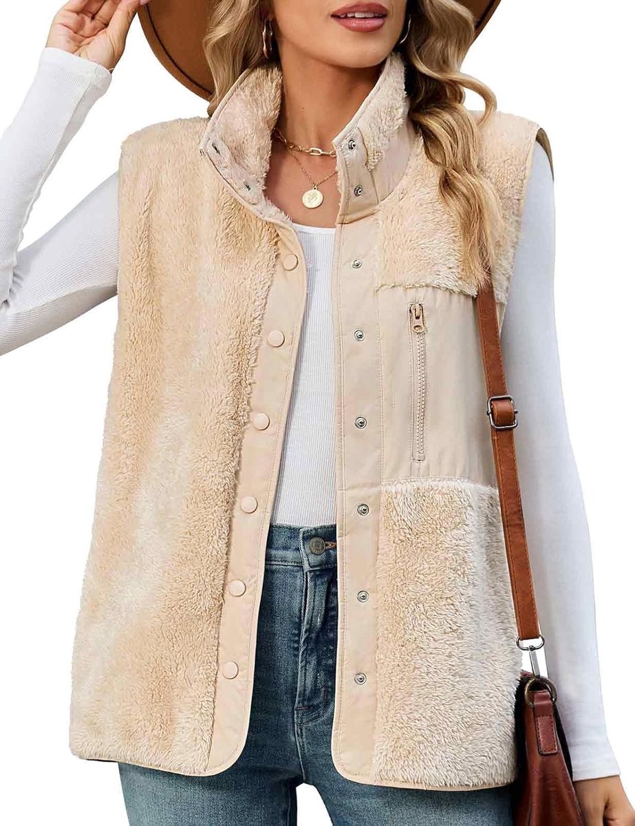 Teddyfleece vest voor dames, mouwloos jasje, button-down, opstaande kraag, warm, sherpa, gezellig vest met zakken, lichtgewicht, casual fleece vest voor herfst en winter