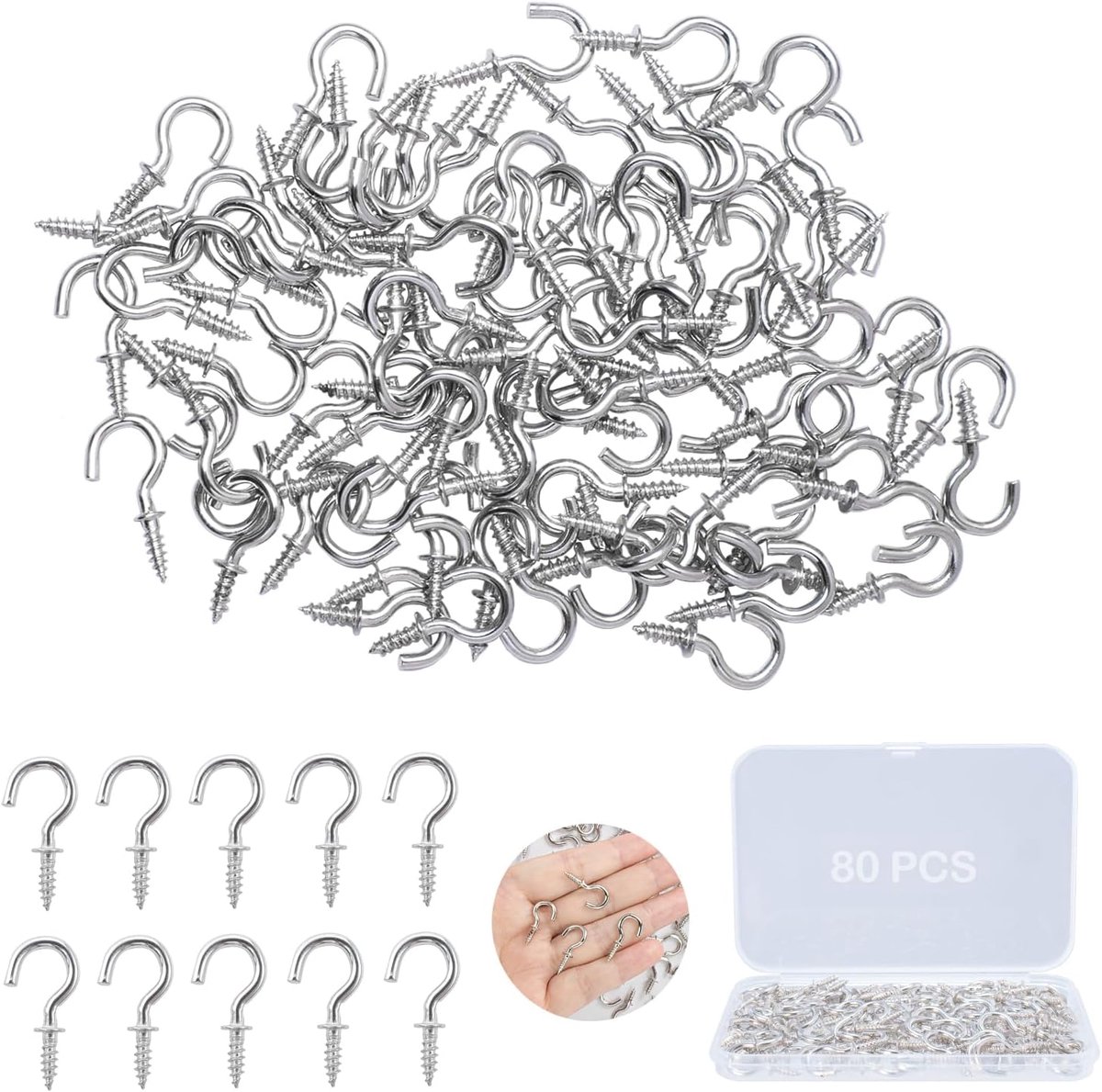 Haken, klein, 1/2 inch, zilver, schroefhaken van metaal, schroefhaken, plafond voor kunststof oppervlakken, hout, ophangen, planten, kerstdecoratie (met doos)