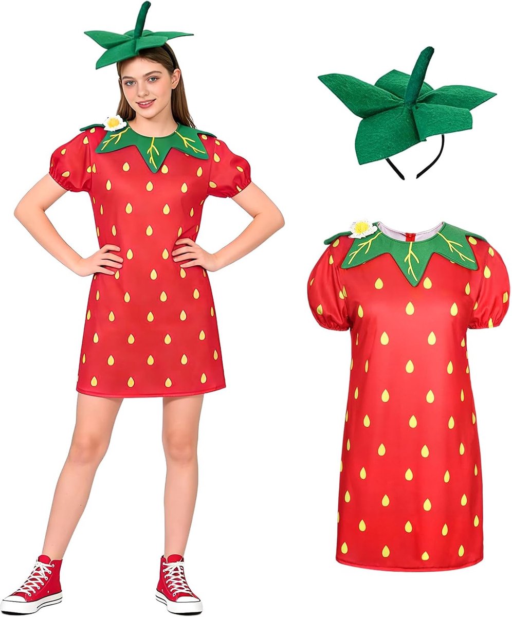Carnavalskostuum voor volwassenen, aardbeien, damesjurk, outfit met hoofdband, aardbeien, dameskostuum voor carnaval, maskerade, themafeest